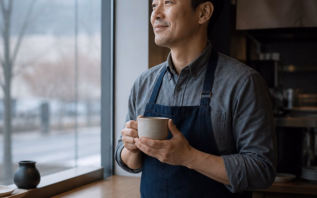 회복 그래프를 확인하며 커피를 든 사장님