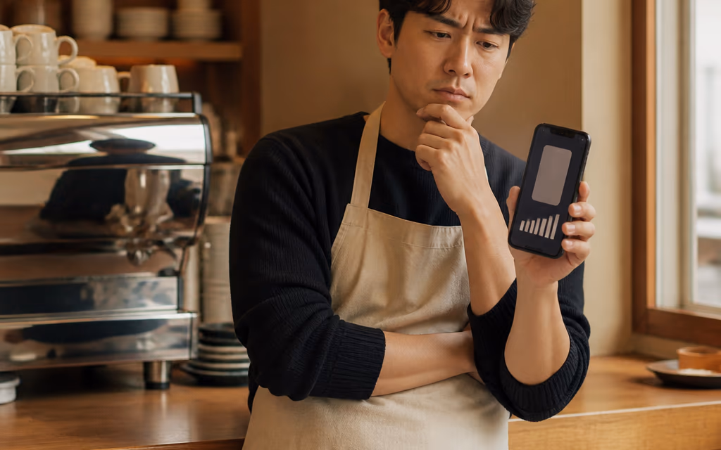 휴식 시간에 릴스 반응을 확인하는 카페 사장님