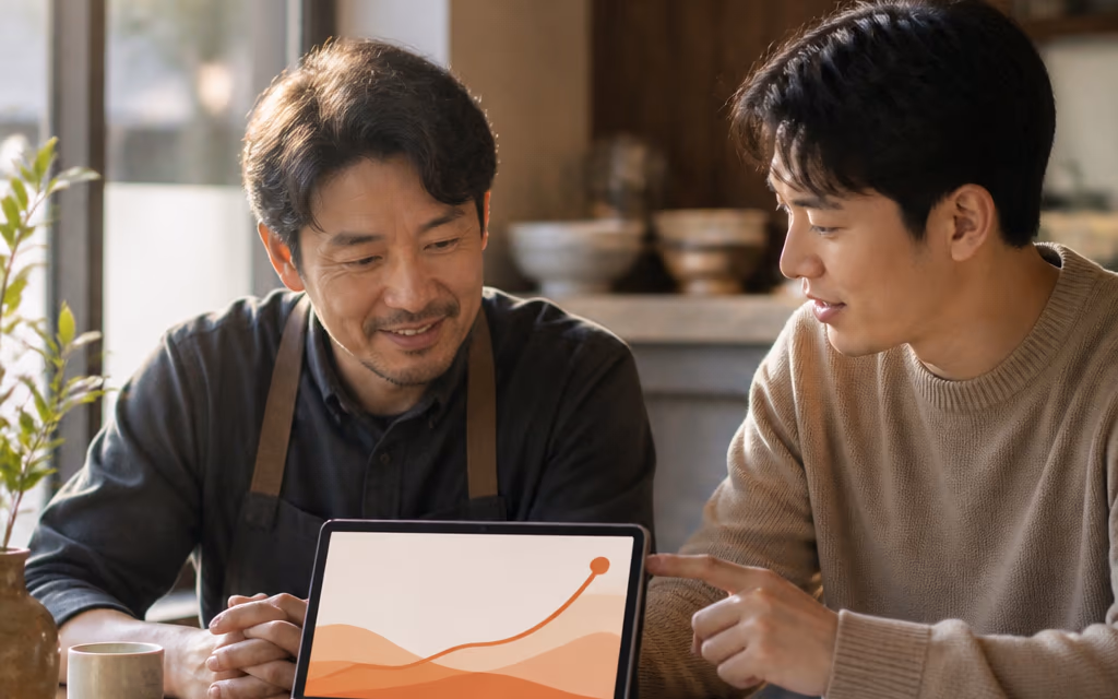 회복된 도달 그래프를 함께 확인하는 사장님과 담당자