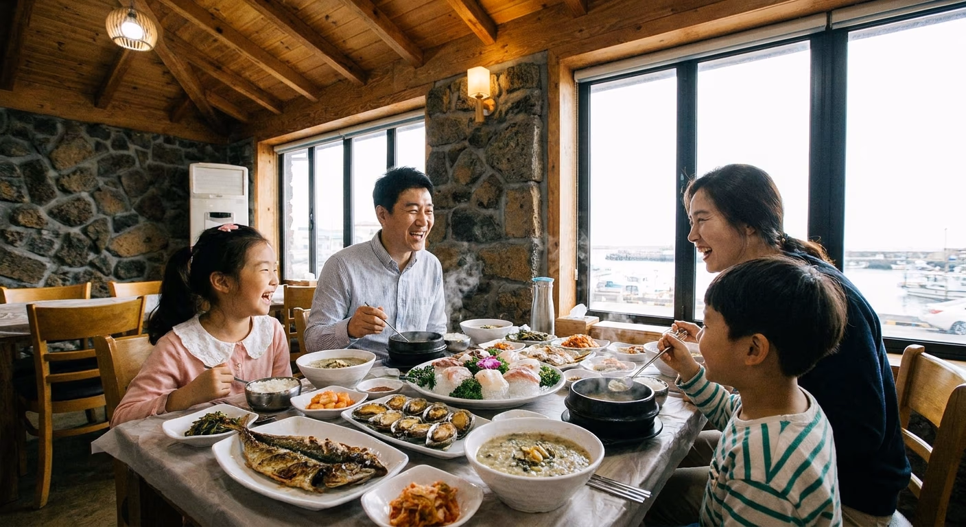 제주 해산물 전문점에서 행복하게 식사하는 가족