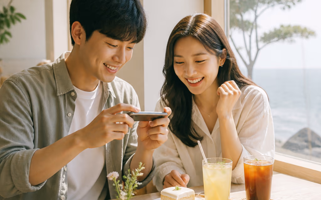 만족한 손님이 매장에서 사진을 찍는 순간