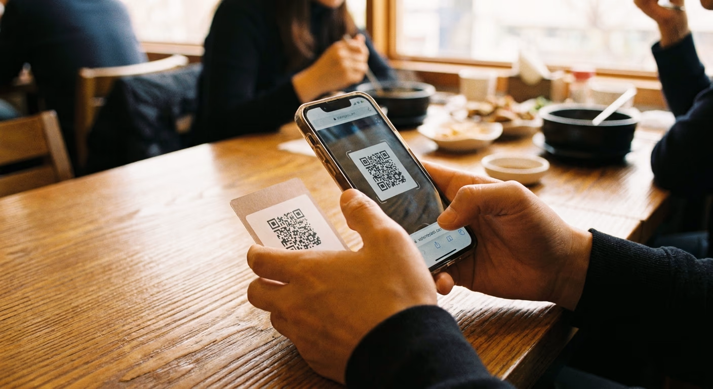 손님이 QR 코드를 스캔해 리뷰를 남기는 장면