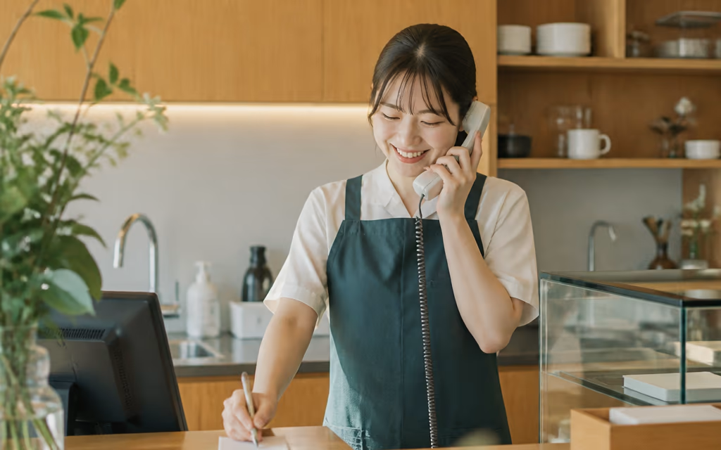 전화 문의를 받으며 밝게 응대하는 매장 카운터