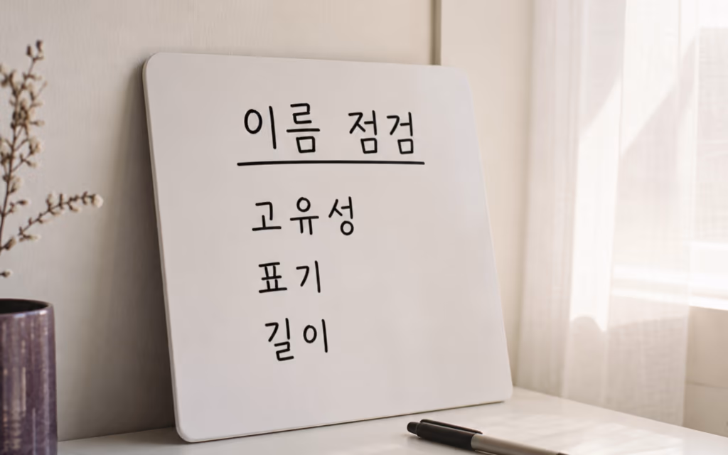 이름 점검 기준 세 가지를 적어 둔 메모 보드