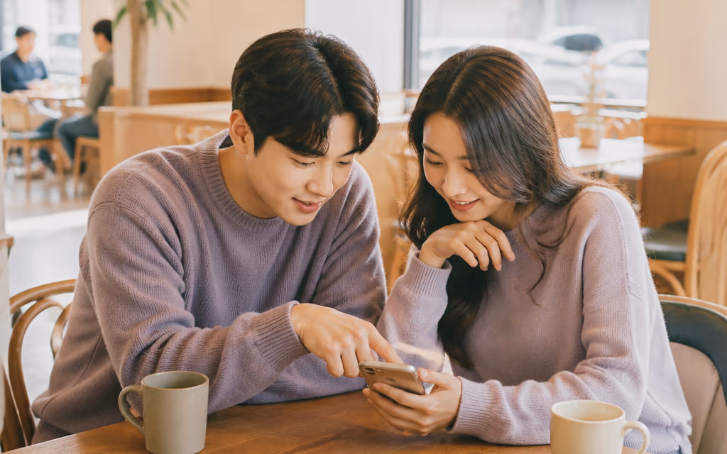 검색 결과를 살피며 함께 상의하는 두 사람