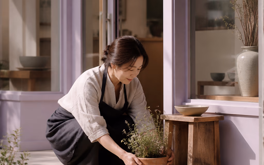 매장 입구의 화분과 안내대를 정돈하는 손길