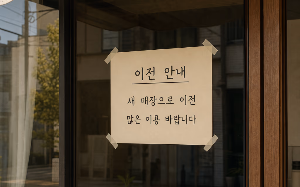 옛 매장 문에 붙인 이전 안내 문구