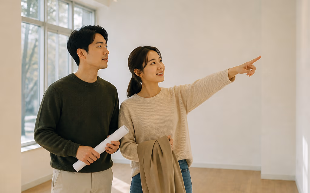 새 매장 공간을 둘러보며 배치를 정하는 부부