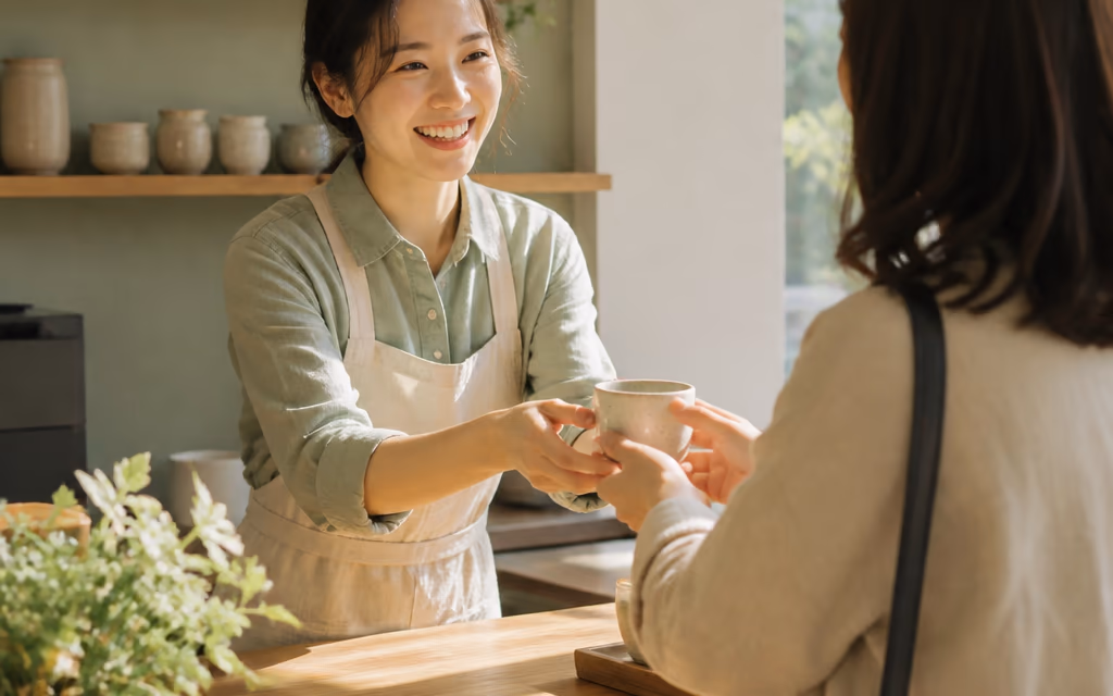 새 매장 카운터에서 첫 손님을 맞는 사장님