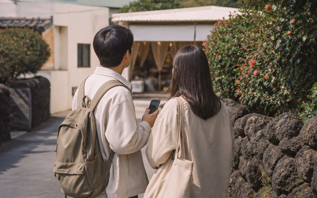여행 중 매장 앞에서 휴대폰으로 검색하는 관광객