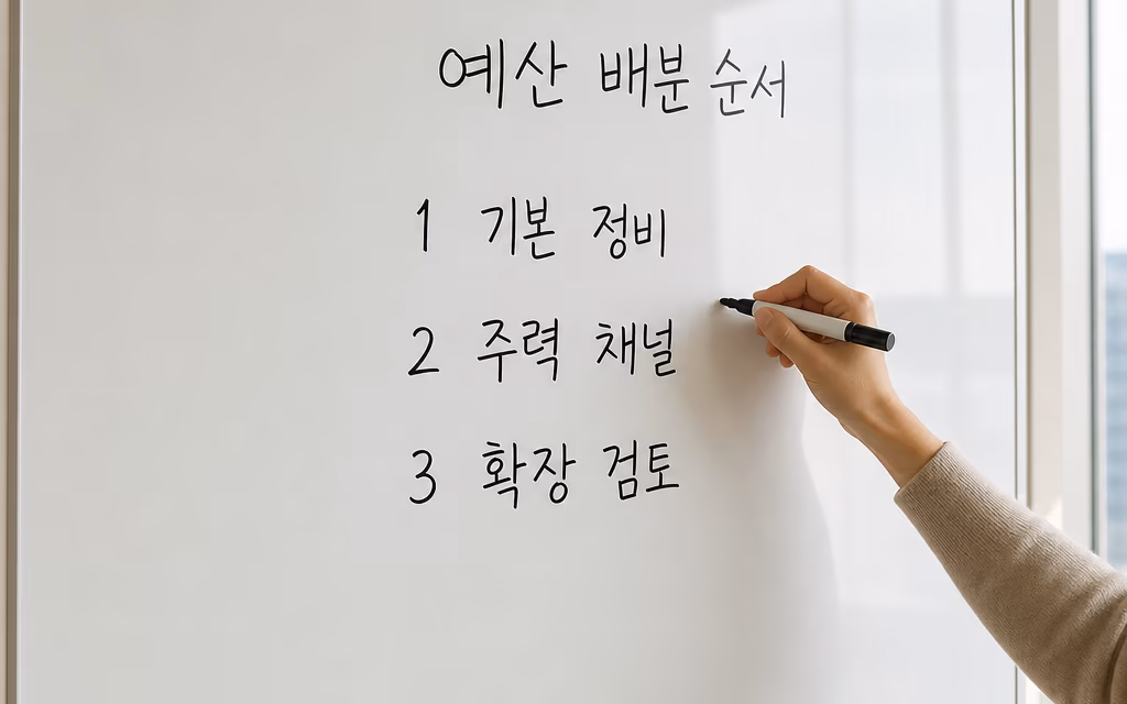 예산 배분 순서를 적어 둔 사무실 화이트보드