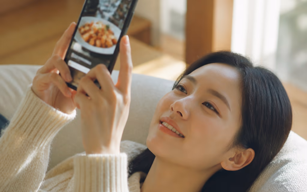 해외 시청자가 침대 위에서 세로 영상을 보며 미소