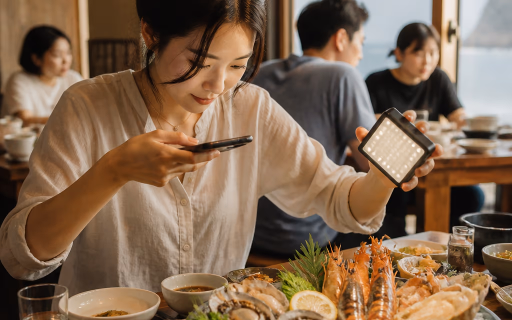 제주 해산물 식당 내부에서 중국 KOL이 촬영하고 있는 장면
