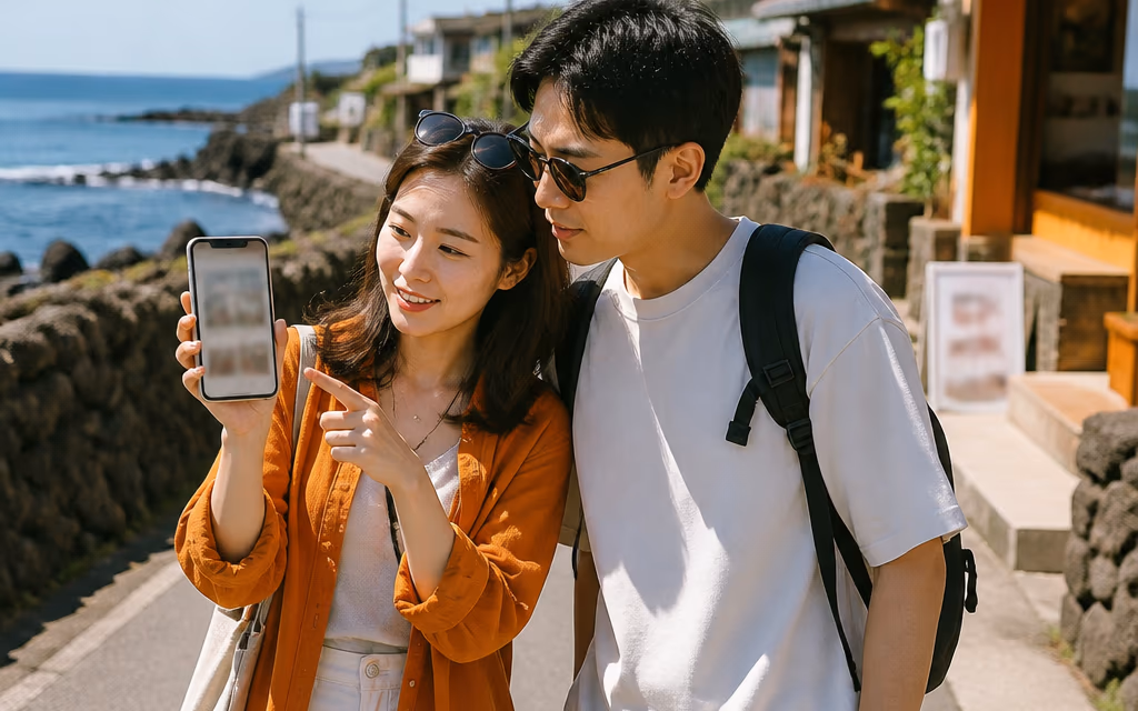 제주 바닷가 거리에서 스마트폰으로 식당을 찾고 있는 중국인 여행객 커플