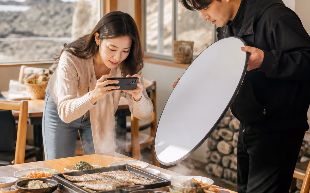 식탁 위 음식을 촬영하는 인플루언서와 옆에서 빛을 잡아 주는 동행 사진가
