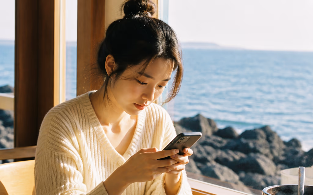식당 자리에 앉아 방문 직후 글을 올리는 인플루언서