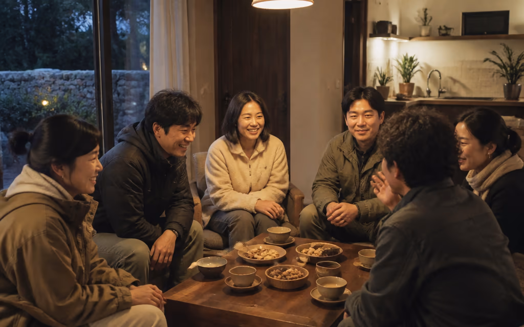 단체 예약을 받은 펜션의 공용 거실에서 동호회 일행이 함께 보내는 저녁